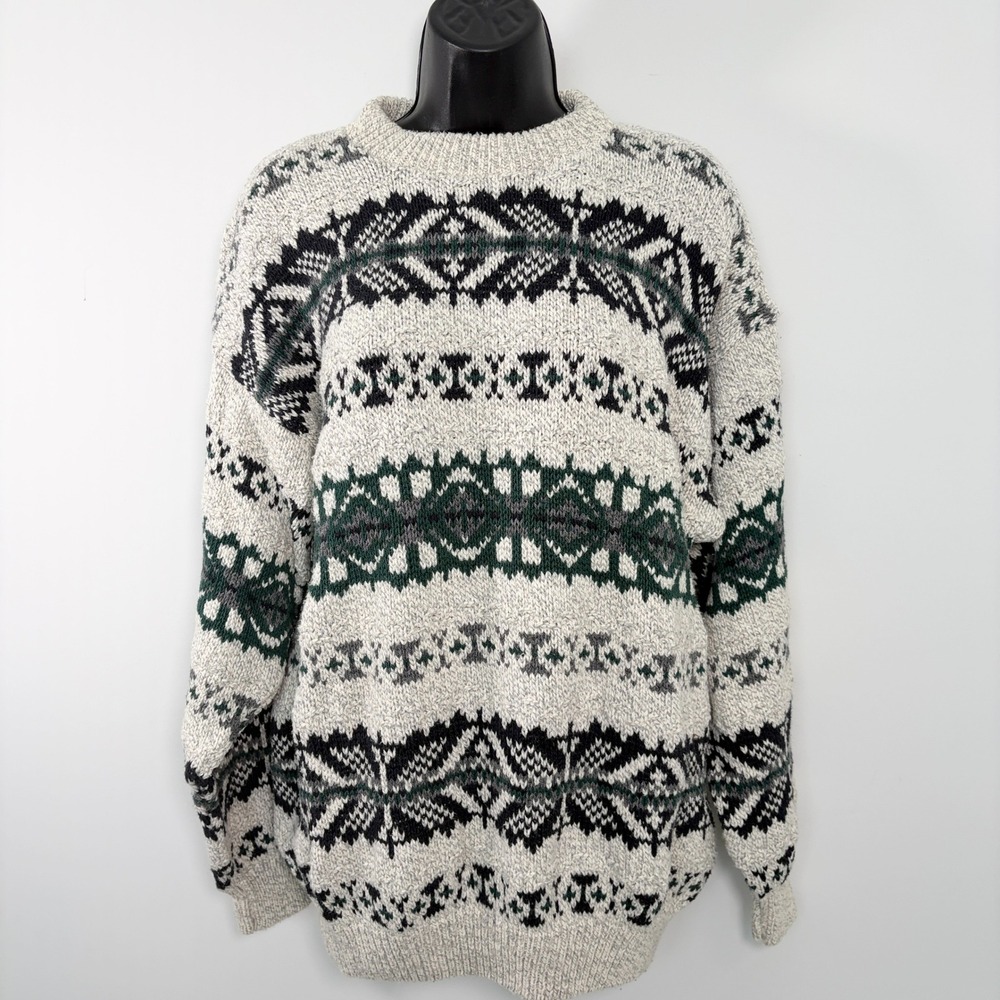 Fair Isle VTG Sweater Cotton Knit Large Grey Black Green
